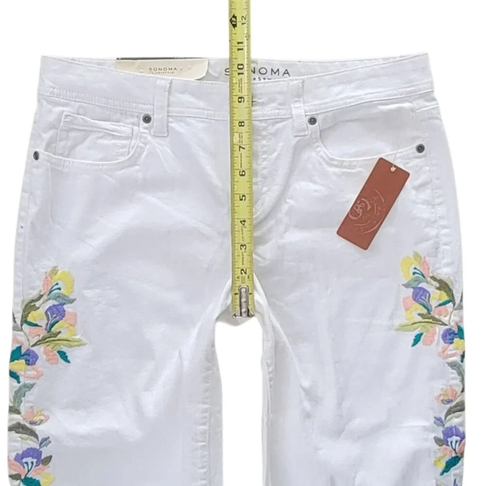 Embroidered Boho Crisp White Denim Cropped Jeans Modern Fit NEW NWT